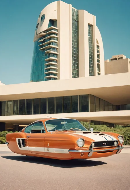 (low angle shot:1.4), an editorial photo of a 1960s (Mustang:0.6) and (Porsche:0.8) style Hovering_Car parked in front of a neo-futurist style building, highly detailed, retro futurism, clean lines, fine art photography, award winning photography, film grain,