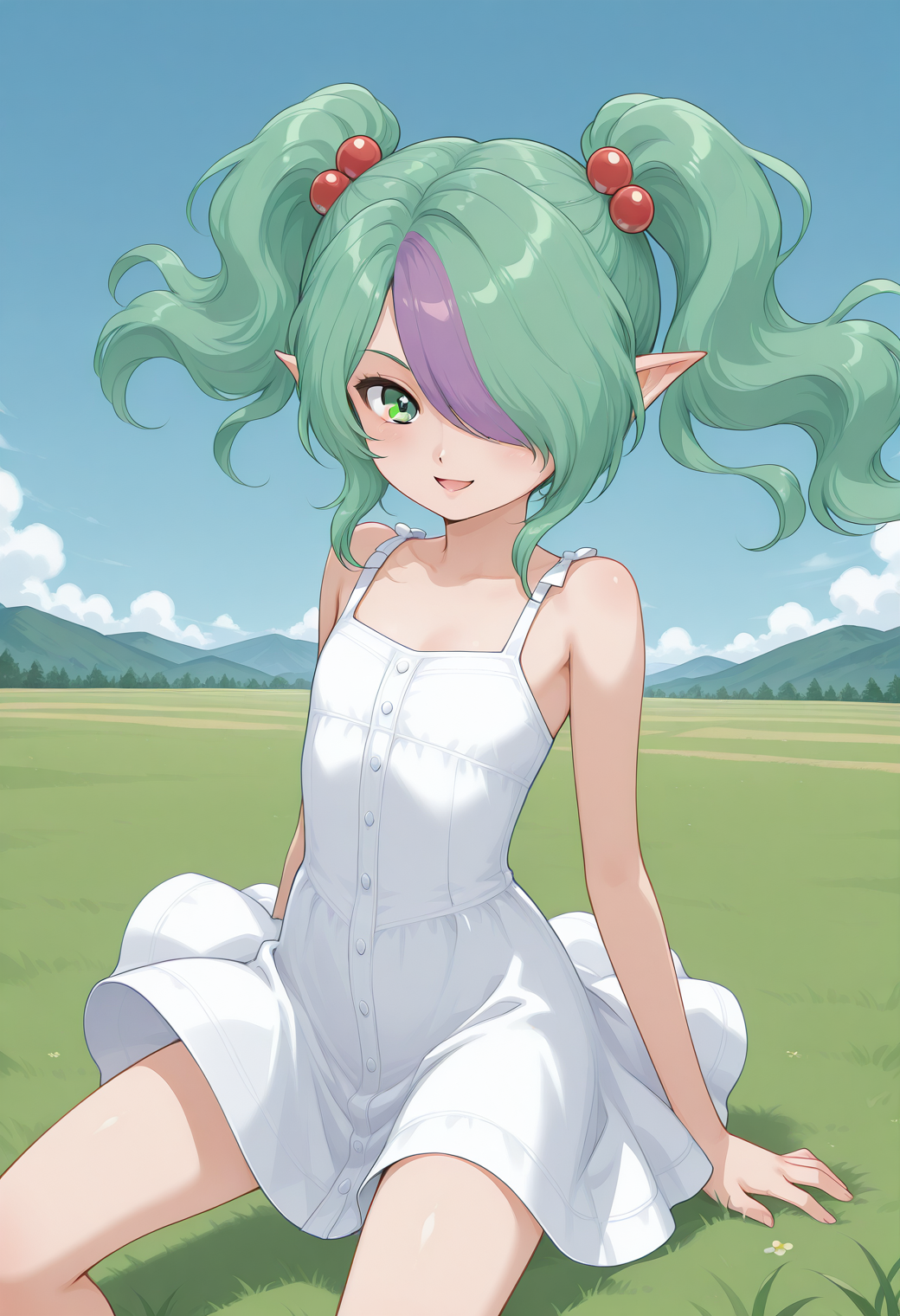 miiko, pointy ears, green eyes, multicolored hair, two-tone hair, green hair, purple hair, hair over one eye, twintails, hair bobbles, sundress, flat chest, <lora:misery_revisited_illustrious_ver1:0.8> 
smile, open mouth,, masterpiece, best quality, sensitive,, 1girl, solo, blue sky, (grasslands:1.2), looking at viewer,, (dynamic pose:1.4),