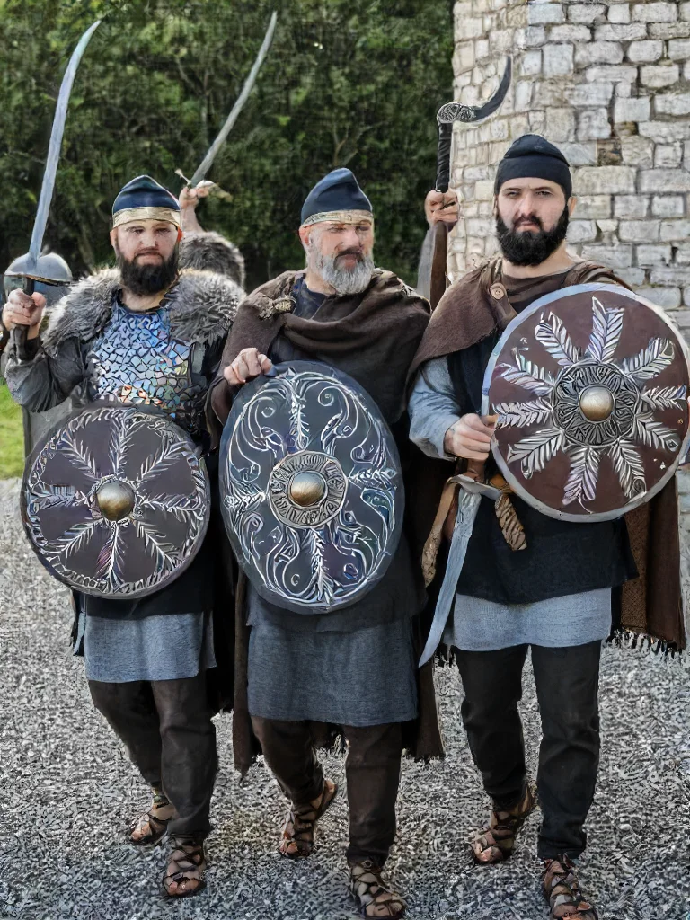 dacian warrior, phrygian cap, falx (weapon), dacian shield, black hair, hat, holding, weapon, male focus, multiple boys, sword, armor, copyright name, facial hair, 3boys, knife, beard, shield, dagger, chainmail, masterpiece photography,8k <lora:dacii:1>