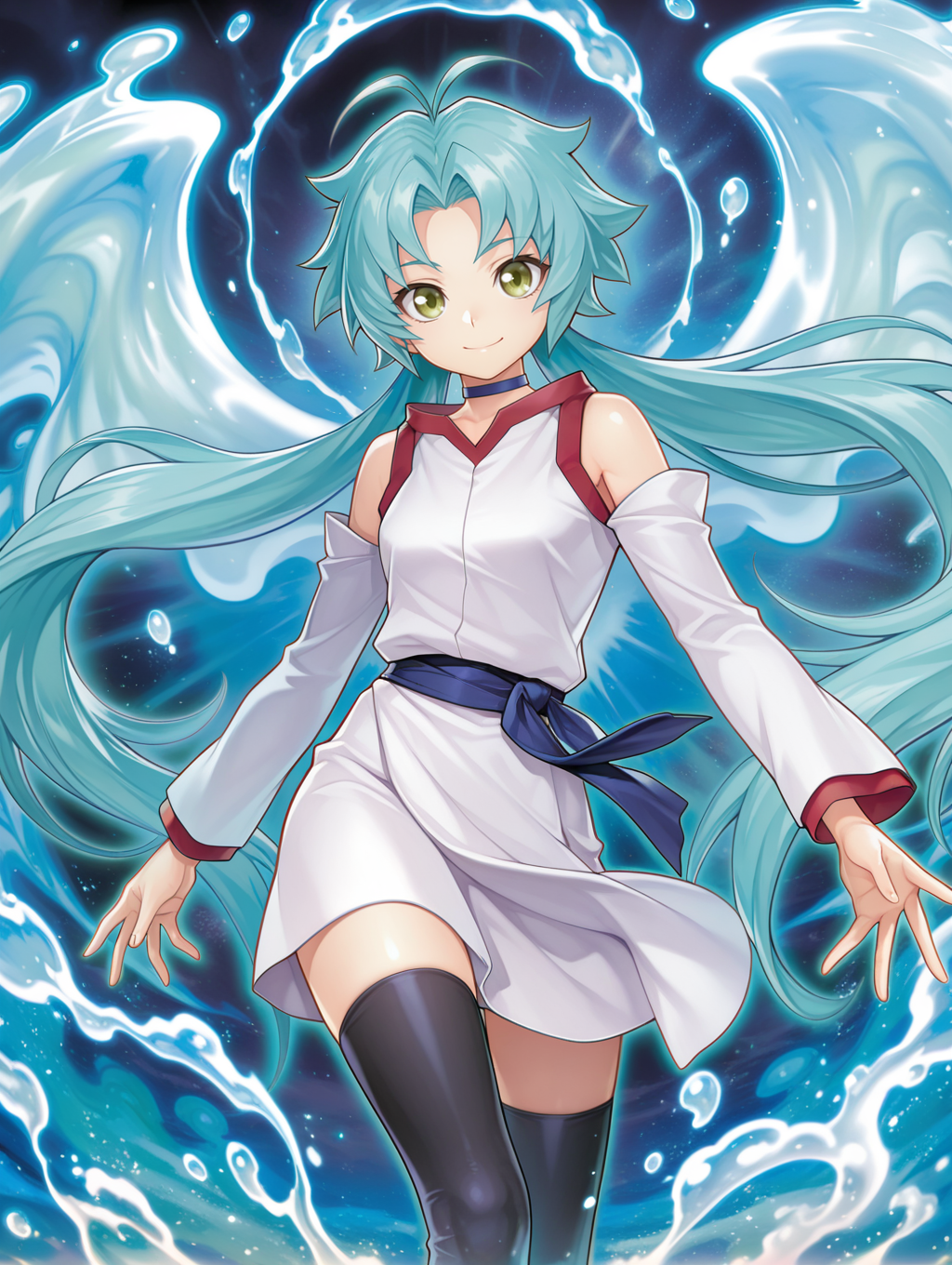 effect veiler, 1girl, solo, smile, hydrokinesis, looking at viewer, blue choker, white sleeveless dress, white detached sleeves, blue sash, black thighhighs, see-through angel wings, closed mouth, official art, blue theme, floating hair,
masterpiece,best quality,amazing quality,very aesthetic,absurdres,newest,<lora:Effect Veiler illusXL v1:0.73>,