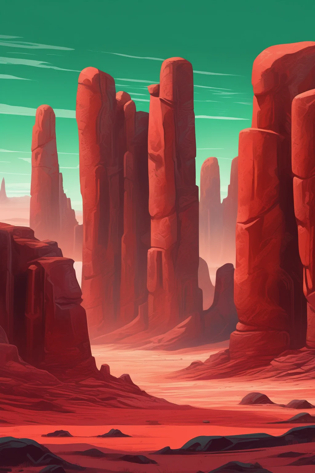 <lora:Noah Bradley Style:1>Noah Bradley Style - Monolithic rock formations rise dramatically from the desert floor, their striking silhouettes etched against the expansive sky. Sculpted by wind and time, these geological wonders display intricate patterns and textures, in the style of pop art-inspired illustrations, soft gradients, detailed science fiction illustrations, light red and dark emerald, uhd image, oriental minimalism, graphic design-inspired illustrations