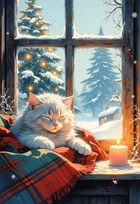 A cozy watercolor-style Christmas illustration featuring a fluffy kitten peacefully sleeping on a plaid blanket by a frosty window. Through the window, snowflakes are visible, along with softly glowing Christmas tree lights in the snowy landscape outside. The scene is illuminated by a small candle nearby, casting a warm golden glow. The artwork has delicate watercolor textures with soft, blended colors, gentle shading, and a dreamy, nostalgic atmosphere. Frost patterns on the window frame add a touch of winter magic