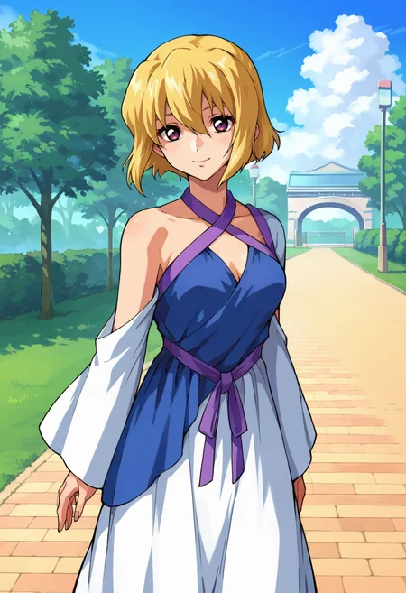 score_9,score_8_up,score_7_up,score_6_up,score_5_up,score_4_up,anime coloring,source_anime,<lora:Stella_Loussier_SEED_Destiny_Pony:0.8>,stella,1girl,solo,purple eyes,blonde hair,short hair,two-tone dress,halterneck,smile,standing,outdoors,park,sky,