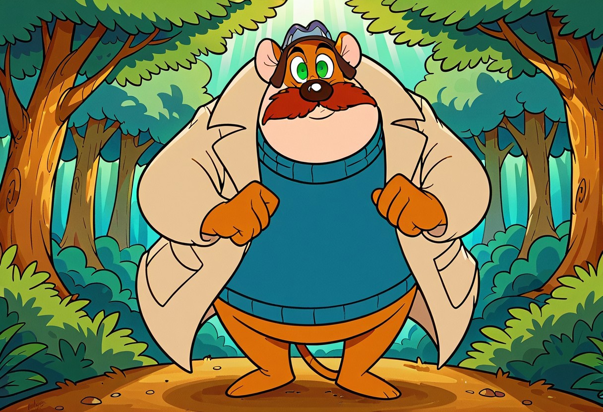 score_9, score_8_up, score_7_up, (best quality:1.1), ultra-detailed, great quality, high resolution, (((8k))), (sharp detailed:1,4) no smooth, sharp detailed, front view. Focus: 1boy, Monterey Jack, mouse boy, male mouse, solo, only one mouse, standing on a huge oak branch, lots of oak leaves around, forest, green forest around, daytime, summer, sun, natural sun rays, beige jacket, blue sweater, Monterey Jack, detailed barefoot, smile, mouse ears, highly detailed face, (very detailed face:1.4), detailed mouse legs, detailed mouse hands, mouse tail, brown oval nose, white sclera of the eyes, green iris of the eyes, black pupils, lush red moustache. Style: cartoon, disney. Appearance: open eyes, looking at the viewer, anthro, smiles, cuteness, kawaii, fluffy fur, full body view. Background: oak tree trunk, oak tree branches, green oak leaves, lots of green grass, sun rays shining through the leaves.
