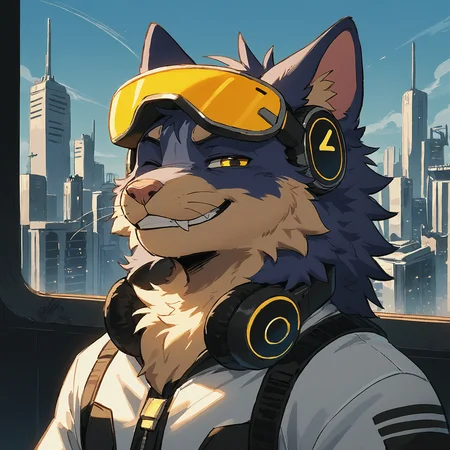 (score_9, score_8_up, score_7_up), source_furry, source_anime, sci-fi, futuristic, (australian shepherd:0.8), cat, whiskers, blue fur, narrowed eyes, yellow eyes, wink, male, three-quarter portrait, three-quarter view, facing away, looking at viewer, side view, solo, furry, fur tuft, neck tuft, chest tuft, spacesuit, (protogen visor:0.8), (expressive mask:0.8), grin, smug, yellow visor, headphones, city background, cyberpunk, flat color, (tr1tscr1ts) <lora:Tritscrits_Style_PonyXL-000001:1>