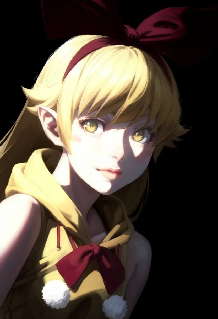 score_9,score_8_up,score_7_up,score_6_up, easynegative, SJ_Style, oshino shinobu,long hair,solo,blonde hair,yellow eyes,pointy ears,blush stickers,,fang, 1girl, upper body, pom pom (clothes), simple background, blonde hair, lips, hair bow, looking at the viewer, hood down, black background, sleeveless hoodie, bow hairband, nose, drawstring, ribbon, epiCPhoto