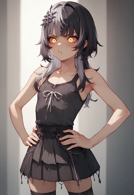 (score_9, score_8_up, score_7_up, score_6_up), best quality, source_anime BREAK, shiori novella, 1girl, split-color hair, black hair, multicolored hair, yellow eyes, grey hair, hair ornament, long hair, two-tone hair, flat chest, tsundere, tank top, black skirt, thighhighs, blush, hands on hips, pout, <lora:Shiorinovella:1>