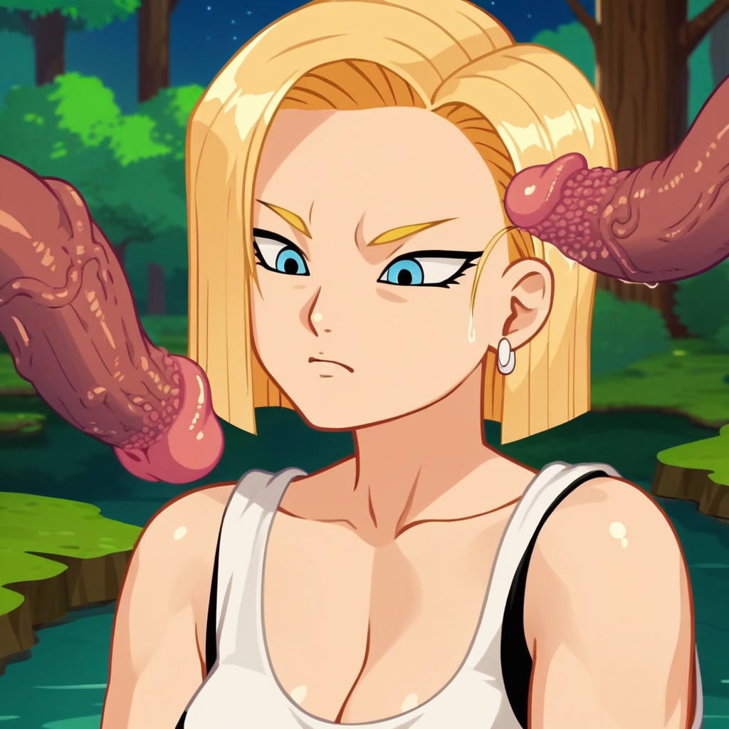 score_9, score_8_up, score_7_up, score_6_up, score_5_up, score_4_up, T3NT4CL3T1P, just_the_tip, imminent_penetration, (perfect face, perfect eyes), BREAK, 1woman, android_18, blonde hair, blue eyes, tentacles, tentacle, imminent penetration, blonde pubic hair, pubic hair peek, (excessive pubic hair), Outside at night, a lake in the distance, trees, stone,AddXL, sm_an_stl ,source_anime, anime screencap, anime, animification