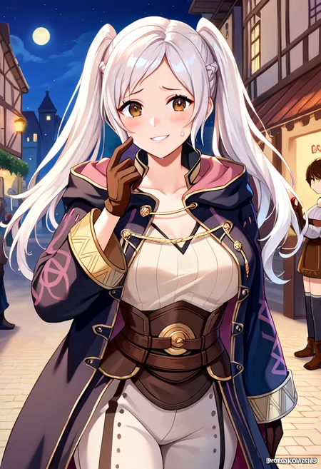 score_9, score_8_up, score_7_up, score_6_up, source_anime,medieval, outdoors,street_background,village,night,
<lora:femaleRobin_def:1>,RobinF_def, robin \(female\) \(fire emblem\),twintails, white hair, long hair, brown eyes,brown gloves,robe, pants, long sleeves, large breasts, (sweat,blush:1.3), nervous smile,