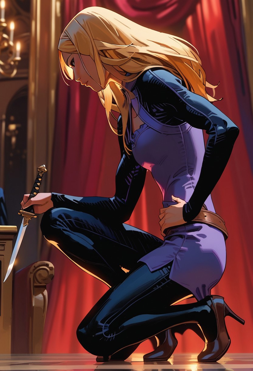score_9,score_8_up,score_7_up, best quality, masterpiece, 1girl, solo, blonde hair, knife, long hair, one knee, weapon, holding, dark skin, dark-skinned female, hand on hip, holding knife, purple dress, black sleeves, black pants, brown belt, profile, full body, Sangre,  luxurious mansion,
