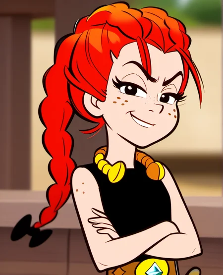 solo, 1girl, adren2, braid, freckles, crossed arms, long hair, red hair, single braid, sleeveless, upper body, looking at viewer, neck jewellery, smirk, hair bow, blurry background, <lora:adren2-000010:1>,