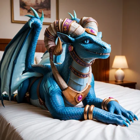 core_9, score_8_up, score_7_up, score_6_up, masterpiece, high quality, realistic, detailed, best quality, 1girl, solo, rating_safe, source_furry, bedroom, smiling, seductive, looking at viewer, on bed, negative_hand, full body, feral, tarecgosa, dragon, blue scales, wings, horns, tail, tail end, claws, female, 1girl, neck piece, bracelet, tail bracelet, blue eyes