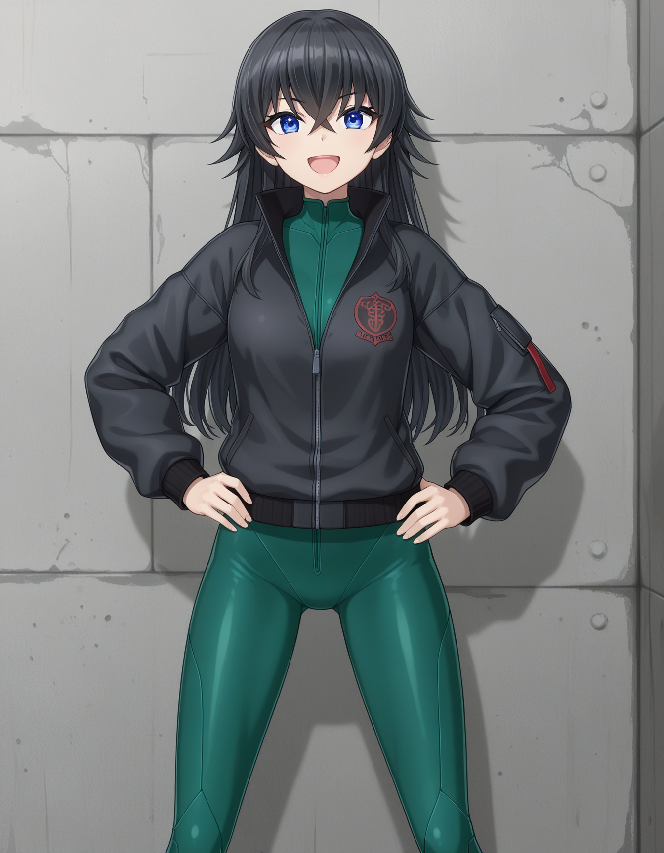 1girl, solo, hagane otsuki, black hair, long hair, hair between eyes, blue eyes, smile, excited, open mouth, Otsuki_Training, green bodysuit, bare hands, black jacket, zipper, standing, hands on hip, concrete wall, straight on, light theme <lora:hagane_otsuki_ilxl_v1:0.7>