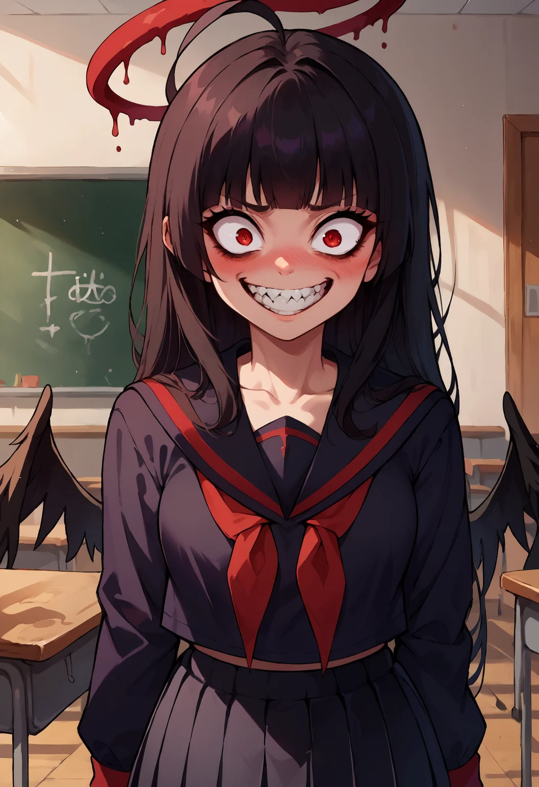 score_9, score_8_up,score_7_up, source_anime, 1girl, solo, <lora:EPbaTsurugiPony:0.8>, EPbaTsurugi, black hair, long hair, red eyes, blunt bangs, ahoge, halo, black wings,black sailor collar, black serafuku, black school uniform, black skirt, red neckerchief, blush, eyelashes, pleated skirt, sharp teeth, grin, crazy eyes, crazy smile, classroom, chalkboard,