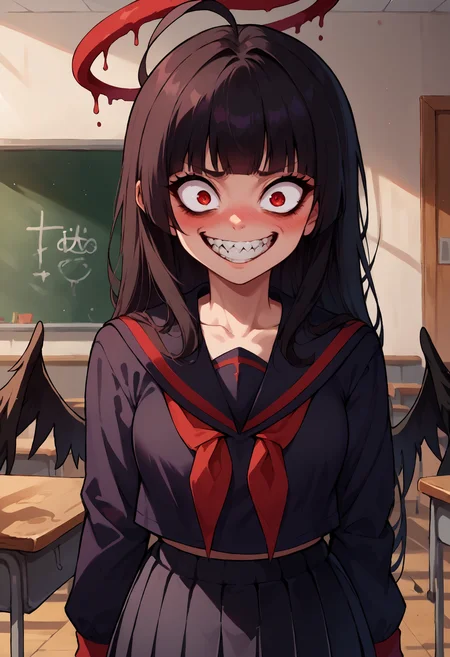 score_9, score_8_up,score_7_up, source_anime, 1girl, solo, <lora:EPbaTsurugiPony:0.8>, EPbaTsurugi, black hair, long hair, red eyes, blunt bangs, ahoge, halo, black wings,black sailor collar, black serafuku, black school uniform, black skirt, red neckerchief, blush, eyelashes, pleated skirt, sharp teeth, grin, crazy eyes, crazy smile, classroom, chalkboard,