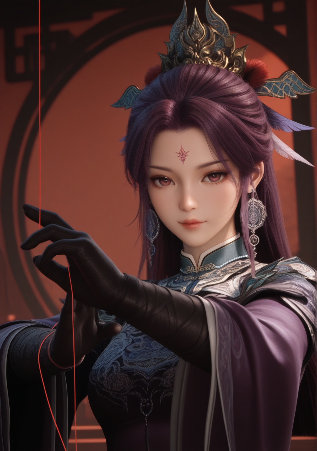 masterpiece,best quality,amazing quality,
1girl,looking at viewer,<lora:siyouyou:0.7>,siyouyou,forehead mark,earrings,jewelry,hair ornament,purple hair,chinese clothes,dress,glove,upper body,string,3d,realistic,
