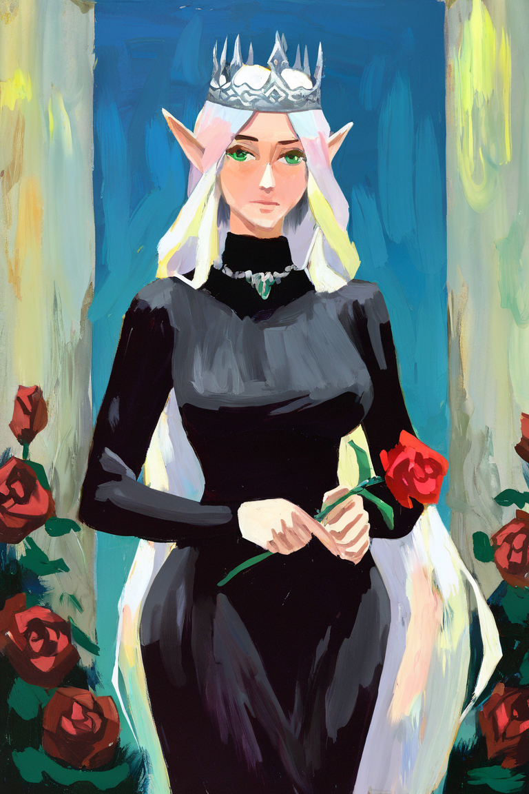 masterpiece, best quality, highres, newest, abstractionism, brush stroke, traditional media, 1girl, solo, mature female, elf, pointy ears, breasts, long hair, very long hair, white hair, green eyes, portrait, looking at viewer, medium breasts, high collar, long dress, black dress, crown, silver crown, holding, holding flower, rose, red rose, necklace, jewelry, closed mouth, cowboy shot, standing, outdoors, castle <lora:Abstract Painting - Style [LoRA] - NoobAI-XL EPS 1.0:0.8>