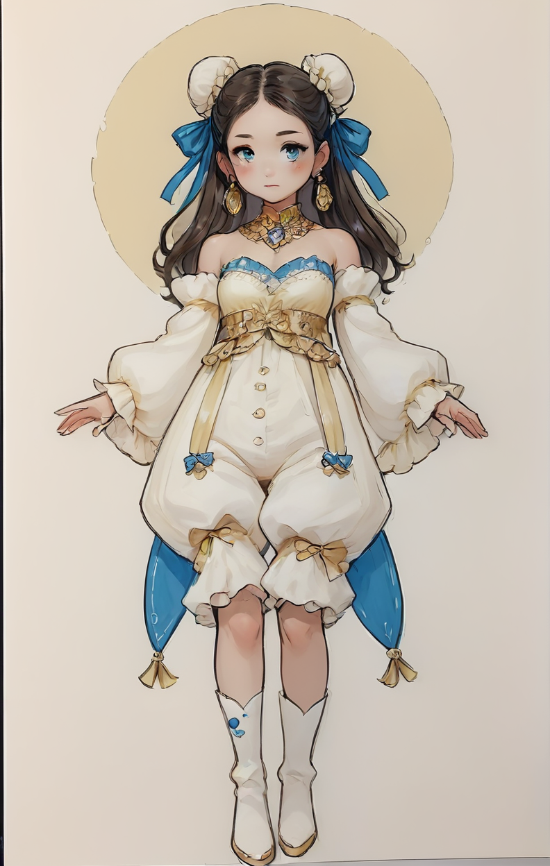 score_9, score_8_up, score_7_up, score_6_up, score_5_up, score_4_up,
 <lora:OverDesignedGirls:.7>
1girl, bare shoulders, bloomers, boots, breasts, detached sleeves, double bun, earrings, hair ribbon, jewelry, long sleeves, puffy sleeves, ribbon, sleeves past fingers, sleeves past wrists, solo, standing, traditional media