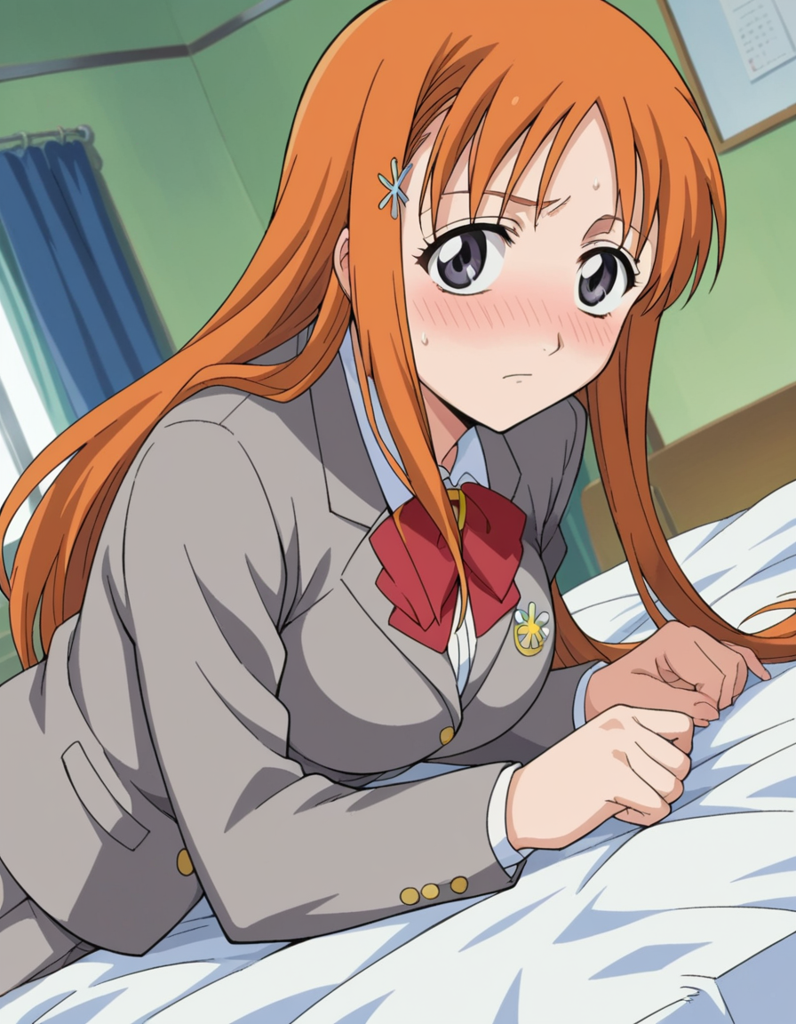 score_9, score_8_up, score_7_up, source_anime, 
inoueorihime, <lora:inoue-orihime-s1-ponyxl-lora-nochekaiser:1>, 
inoue orihime, long hair, orange hair, grey eyes,
 skirt, bow, school uniform, jacket, blazer, grey jacket, 
indoors, bed, bed room, on side, blush, drunk,
looking at viewer, cowboy shot, dutch angle,