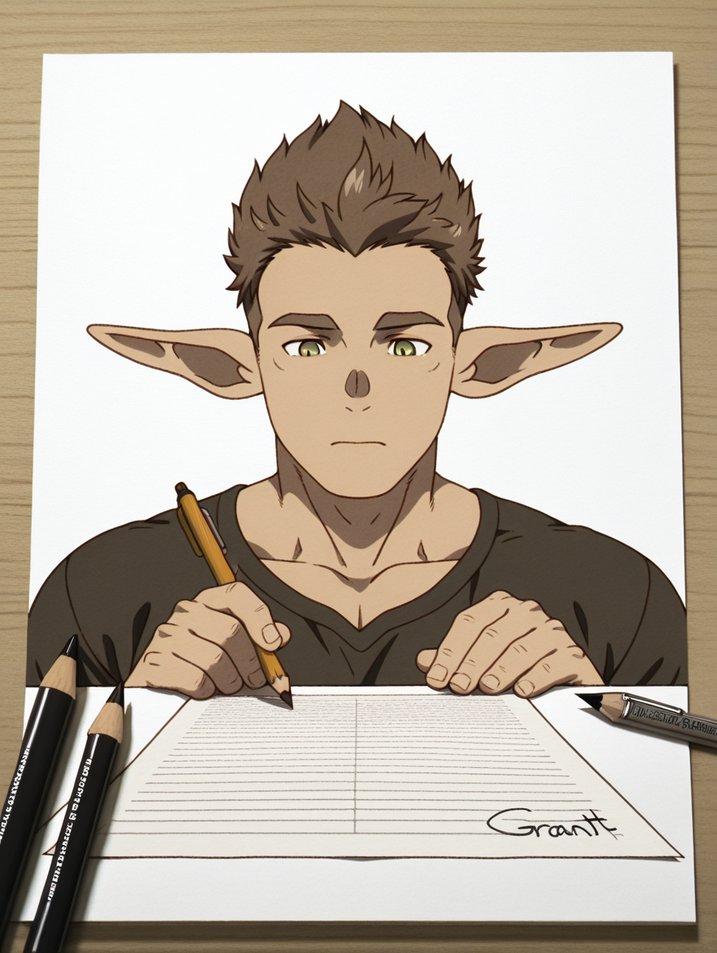 Kraft, green eyes, brown hair, short hair, pointy ears, 1 boy, solo, male focus, bara, masterpiece, best quality, amazing quality, graphite (medium), {{monochrome}, }, paper, art tools in frame, pencil, traditional media