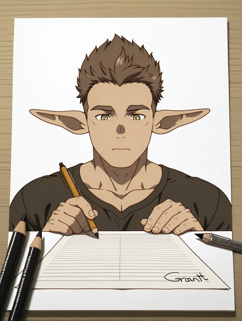 Kraft, green eyes, brown hair, short hair, pointy ears, 1 boy, solo, male focus, bara, masterpiece, best quality, amazing quality, graphite (medium), {{monochrome}, }, paper, art tools in frame, pencil, traditional media