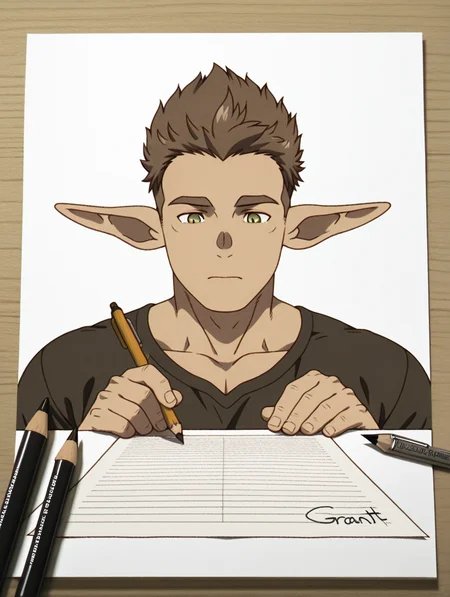 Kraft, green eyes, brown hair, short hair, pointy ears, 1 boy, solo, male focus, bara, masterpiece, best quality, amazing quality, graphite (medium), {{monochrome}, }, paper, art tools in frame, pencil, traditional media