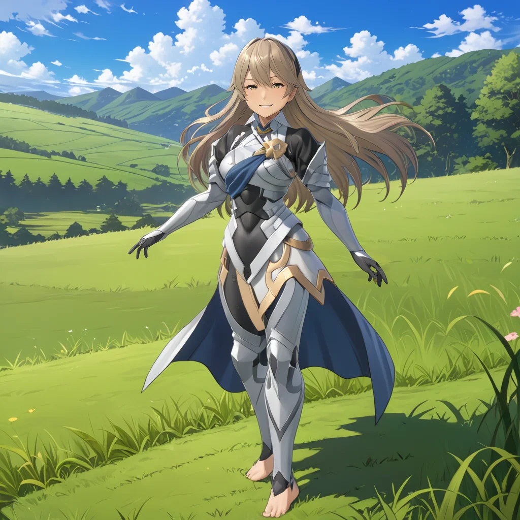 1girl, full body shot, woman, solo, long hair, smiling, long hair, sky, long hair, standing in grass, (anime, masterpiece, intricate:1.3), (best quality, hires textures, high detail:1.2), (4k),(incredibly detailed:1.4),UHD, 8K, ultra detailed  <lora:CorrinFEXL:.8>