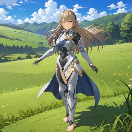 1girl, full body shot, woman, solo, long hair, smiling, long hair, sky, long hair, standing in grass, (anime, masterpiece, intricate:1.3), (best quality, hires textures, high detail:1.2), (4k),(incredibly detailed:1.4),UHD, 8K, ultra detailed <lora:CorrinFEXL:.8>