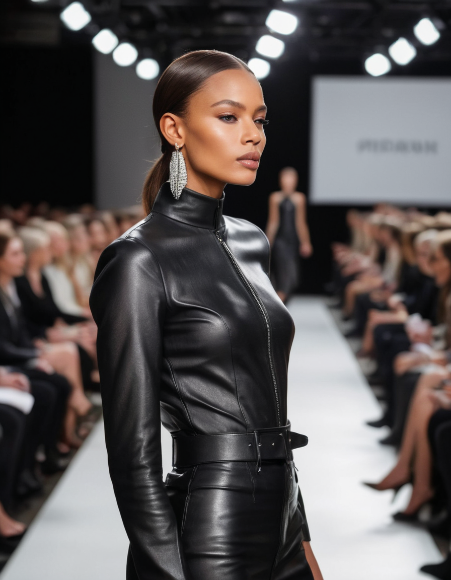 A photo of a (fashion runway model:1.3), (sleek black leather attire:1.2), amidst an audience blur, (fierce gaze:1.1), striking posture, high-fashion ambiance, reflective textures, minimalist earrings, (catwalk confidence:1.1), (soft natural makeup:1.1), subtle spotlight, Nikon Z 9, 1/640s, f/2.8, ISO 100, (sharp foreground focus:1.2), defocused background, RAW capture, monochrome color scheme with a splash of skin tone, professional fashion photography

