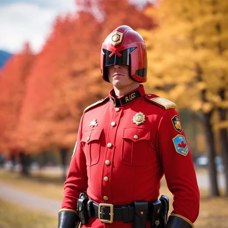 jdgdrdd cosplay as royal canadian mounted police, helmet, armor, red outfit,  jack boots,high quality, 4k resolution  blurry foreground, 8k resolution, bokeh, <lora:Char_maj-JudgeDredd2012v2-SDXL:0.75>