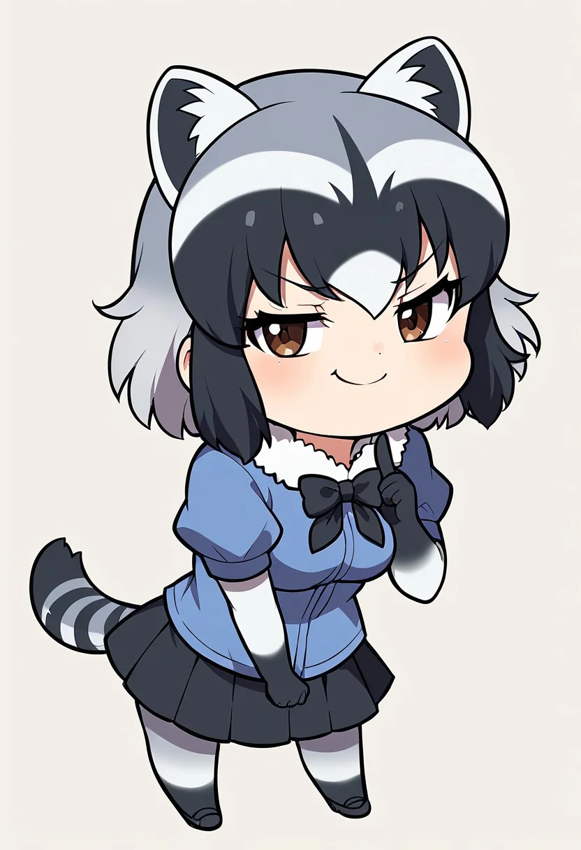 1girl, solo, best quality, ultra-detailed, extremely detailed, perfect anatomy, masterpiece, score_9, score_8_up, score_7_up, Common Raccoon (Kemono Friends), raccoon ears, brown eyes, bangs, multicolored hair, tail, raccoon tail, grey hair, black hair, white hair, short hair, black bowtie, puffy short sleeves, black gloves, elbow gloves, fur collar, pleated skirt, black skirt, blue shirt, pantyhose, black shoes, simple background, cute smile, cute look, smug smile, leaning forward, raised index finger, confident look, staring at viewer, (chibi:1.2),