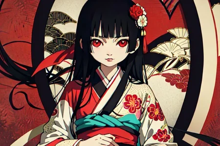 enma ai, hair down, hair black, bangs, eyes red, masterpiece, best quality, ultra-detailed, illustration, 1girl, solo, highres, photorealistic, ultra high res, (Original illustration composition), (fusion of limited color,Maximalism artstyle, kimono obi fashion, double exposure, background, illustration, Amazing, lily spider, night darkness, open one's mouth, middle finger show