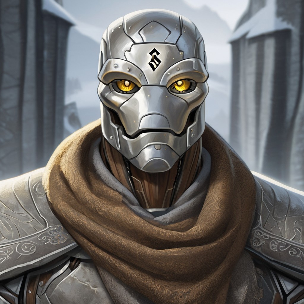 (((detailed, beautiful, high quality))), score_9, score_8_up, score_7_up, upper body, solo, 
warforged, robot monster, metal body, black sclera, rune on forehead, wooden hinges,
1 male, yellow eyes, gray skin, brown scarf,
looking at the viewer, posing, 
fantasy background, blurred background,