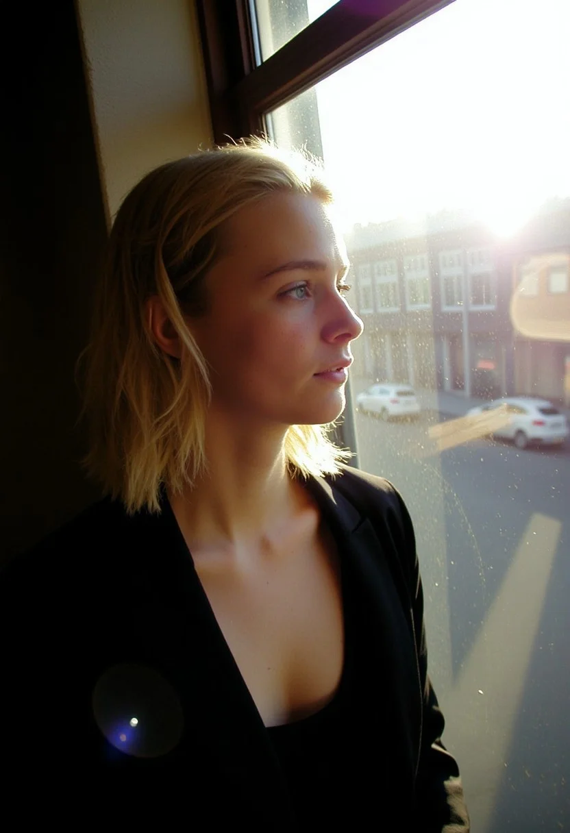 olympusd450, This is a high-resolution photograph capturing a young woman with light skin and shoulder-length, slightly wavy blonde hair. The image is taken in a side profile, with the woman gazing off into the distance, her expression contemplative. She has a slim build and is wearing a dark blazer over a black top. The lighting is dramatic, with strong sunlight streaming in from the right, casting deep shadows and highlighting the texture of her skin and the details of her facial features. Her eyes are a striking light blue, and she has a natural, subtle makeup look with a touch of mascara and a hint of pink on her lips.
The background shows a cityscape, with blurred buildings and a street visible through a glass window, suggesting an urban setting. The glass reflects the sunlight, creating a pattern of light and shadow that adds depth to the image. The overall mood is introspective and somewhat melancholic, enhanced by the soft focus on the background and the sharp, almost three-dimensional quality of the subject's face. The photograph captures a moment of quiet reflection, with the woman's profile and the play of light and shadow creating a visually striking and emotionally evocative image.