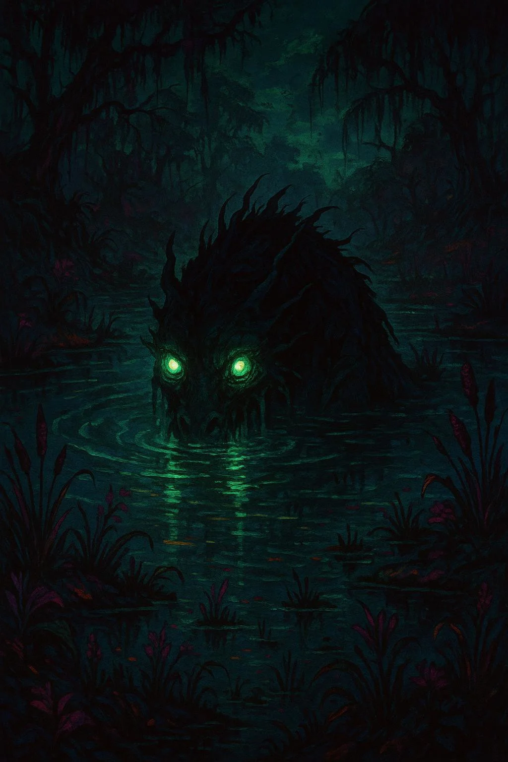 A secluded pond in the Wetlands, its surface disturbed by the emergence of a mythical beast. The creature's eyes emit a powerful green light, casting an otherworldly glow on the surrounding flora.,
dark magic punk aesthetic, dark fantasy world combines grim landscapes with vibrant, exaggerated colorful art, immersive vibe