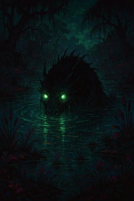 A secluded pond in the Wetlands, its surface disturbed by the emergence of a mythical beast. The creature's eyes emit a powerful green light, casting an otherworldly glow on the surrounding flora.,
dark magic punk aesthetic, dark fantasy world combines grim landscapes with vibrant, exaggerated colorful art, immersive vibe