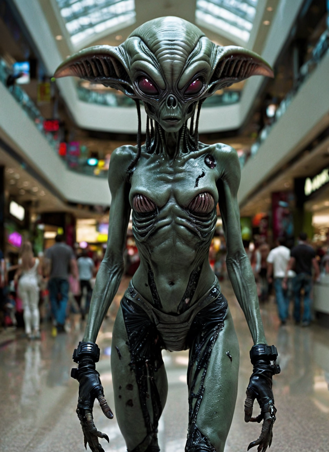 dark alien species fashion hooker in a mall, highly detailed, torn, dirty <lora:alien-species:1>