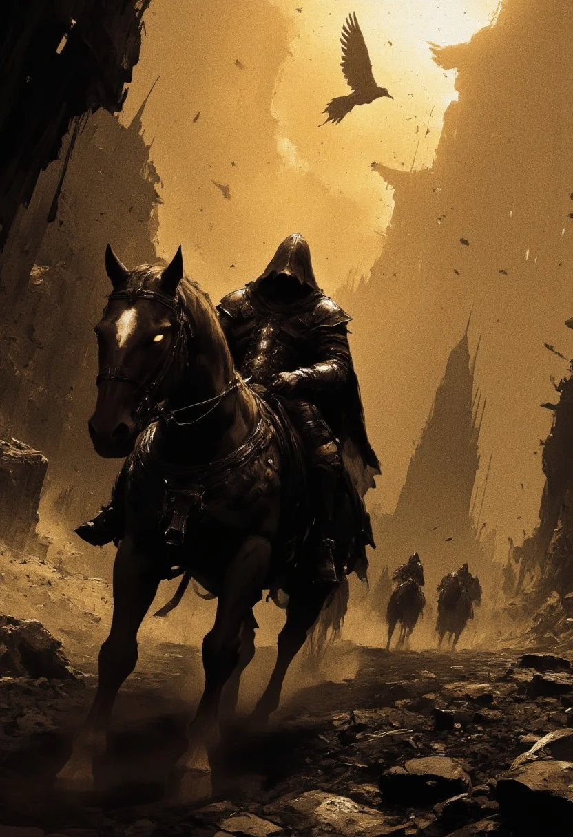 highly detailed and hyper realistic and dynamic. This is a high-contrast, atmospheric monochrome photograph with gold hues, capturing a lone, hooded figure riding a dark horse through a misty, post-apocalyptic landscape. The rider, shrouded in shadows and his eyes are glowing adding a sense of danger. The background features crumbling stone structures and scattered debris, enveloped in dense fog. A single bird soars in the sky above, adding a touch of life to the desolate scene. The camera angle is low, emphasizing the imposing and eerie atmosphere. The overall lighting is dim and moody, enhancing the sense of isolation and desolation.