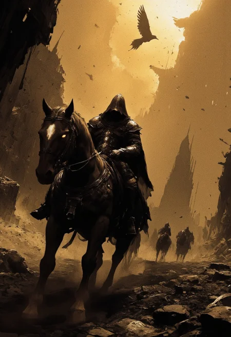 highly detailed and hyper realistic and dynamic. This is a high-contrast, atmospheric monochrome photograph with gold hues, capturing a lone, hooded figure riding a dark horse through a misty, post-apocalyptic landscape. The rider, shrouded in shadows and his eyes are glowing adding a sense of danger. The background features crumbling stone structures and scattered debris, enveloped in dense fog. A single bird soars in the sky above, adding a touch of life to the desolate scene. The camera angle is low, emphasizing the imposing and eerie atmosphere. The overall lighting is dim and moody, enhancing the sense of isolation and desolation.