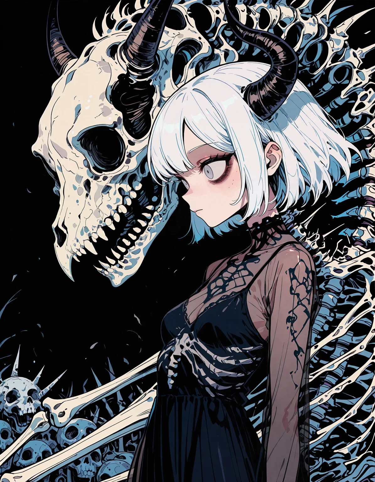 masterpiece, newest, incredibly absurdres, highres, <lora:3Y3S_style:1>,3Y3S_illu,toon \(style\), 1girl, solo, breasts, short hair, simple background, dress, closed mouth, upper body, white hair, small breasts, horns, teeth, black dress, from side, grey eyes, see-through, profile, black background, spikes, camisole, skull, see-through sleeves, skeleton, bone, spine, animal skull, limited palette,