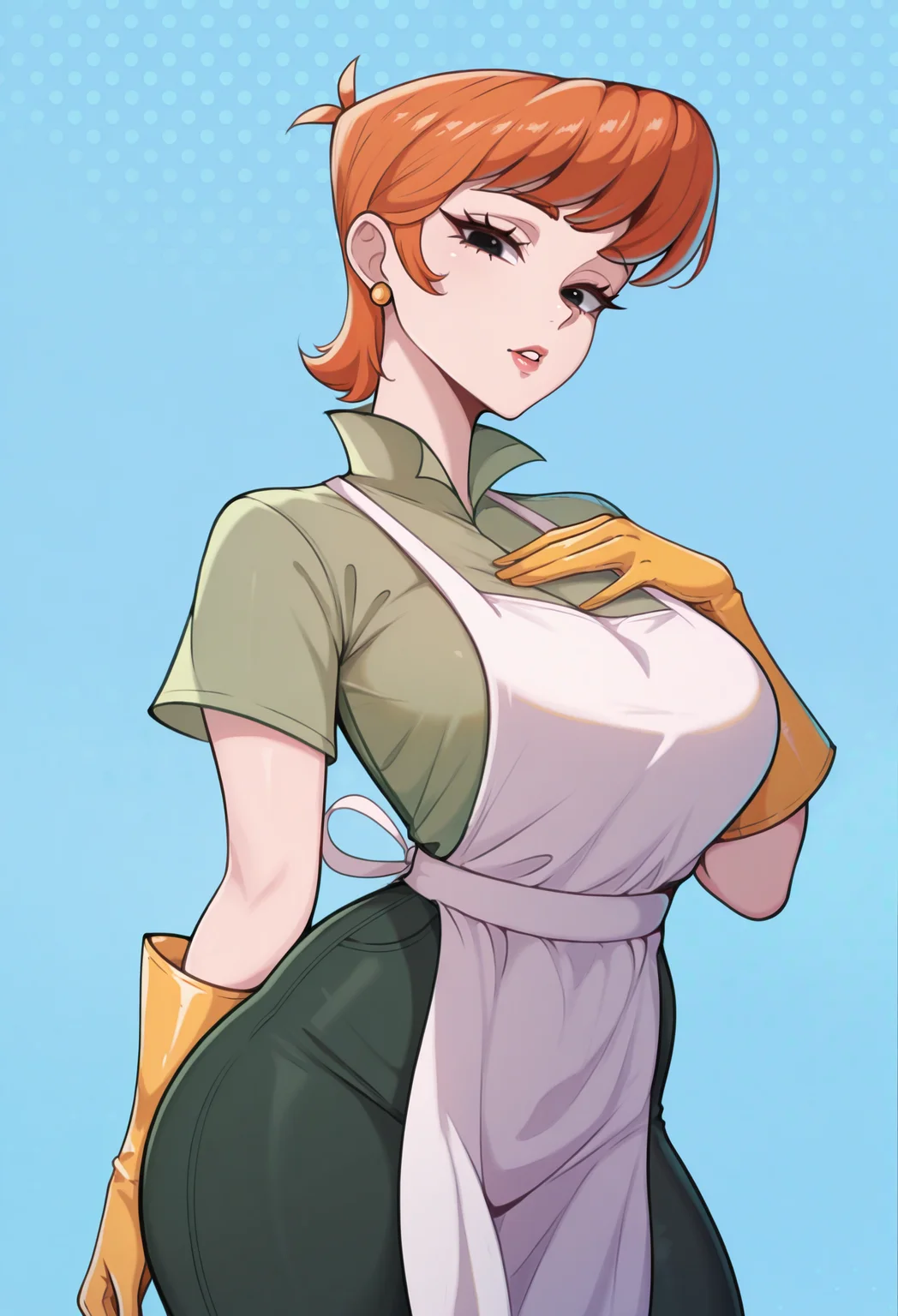 1girl, solo, blue background, polka dot background, looking at viewer, parted lips, standing, looking at viewer, hand on own chest,
masterpiece, best quality, absurdres, <lora:dextersmom-guy90-Illust-LoraV1:1>, momxed, orange hair, short hair, earrings, apron, short sleeves, yellow gloves, green shirt, green pants, black eyes, mature female