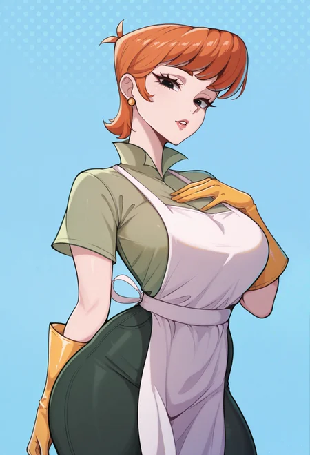 1girl, solo, blue background, polka dot background, looking at viewer, parted lips, standing, looking at viewer, hand on own chest,
masterpiece, best quality, absurdres, <lora:dextersmom-guy90-Illust-LoraV1:1>, momxed, orange hair, short hair, earrings, apron, short sleeves, yellow gloves, green shirt, green pants, black eyes, mature female