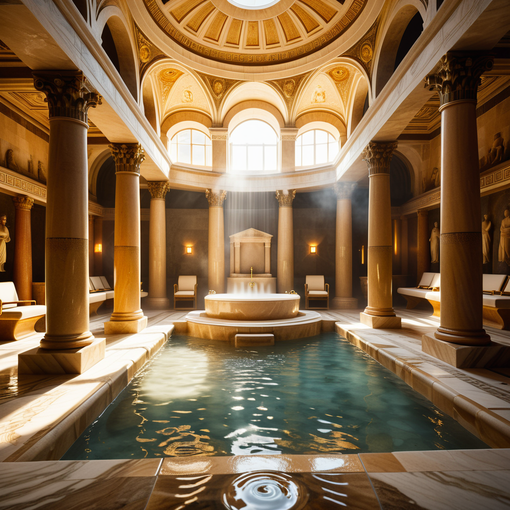 A highly detailed and realistic photograph of an ancient Roman sauna (thermae) from the time of Caesar, featuring grand marble architecture with intricate carvings and columns. The central bath is filled with steaming water, surrounded by polished marble tiles and mosaics depicting mythological scenes. The room is illuminated by natural light streaming through small openings in the high, domed ceiling, creating soft shadows and reflections on the water's surface. The atmosphere is hazy from the steam, and a few individuals dressed in Roman togas and tunics can be seen reclining on benches or chatting near the bath. The overall color palette includes shades of white, gold, and earthy tones, emphasizing the luxurious and serene environment.<lora:SDXLFaeTastic2400:0.4> <lora:extremely_detailed:0.4> extremely detailed, Masterpiece,best quality,hi res,8k,hi res,8k,award winning,(sharp focus, intricate, highly detailed),