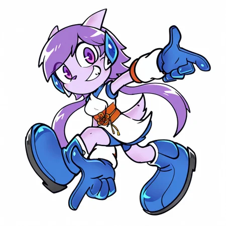 masterpiece, best quality, amazing quality, very aesthetic, high resolution, ultra-detailed, absurdres, newest, sonic adventure pose, jumping, full body BREAK 1girl, solo, anthro, furry female, sash lilac, long pigtails, blue shirt, white overtunic, red-orange sash, brocade knot, white kneecaps, white-orange armbrace, blue gloves, blue boots, looking at viewer, grin, teeth, simple background, white background