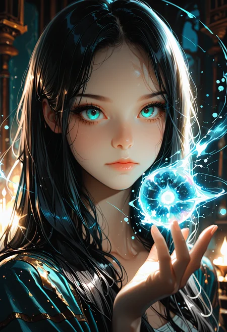 lazypos, 1girl, solo, black hair, looking at viewer, magic, long hair, closed mouth, portrait, blue eyes, glowing, hand up, aqua eyes, forehead, eyelashes, casting spell
<lora:DetailedEyes_V3:1> <lora:USNR_STYLE_ILL_V1_lokr3:0.45> usnr <lora:ponyv6_noobV1_2_adamW:0.9> <lora:GENESIS_MK0.2:0.5> <lora:KRGRL-IL:1>