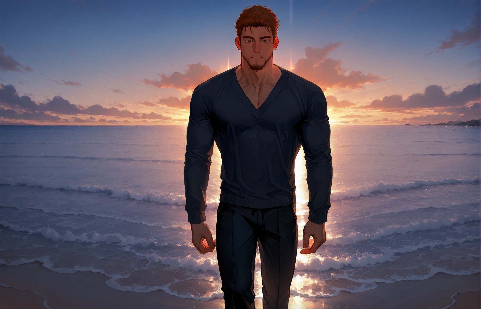 <lora:Lifeline_Style_V2_Illu_Edition-000015:1>, (llv2-illu), ((standing with one hand on a nearby object and one leg slightly bent, ocean, v-neck sweater, ginger hair, dusk, Extreme close-up))
looking at the viewer, cowboy shot, 
(very short hair, beard, bara, mature, facial hair, stubble, beard, full beard, sideburn, beard, a lot of beard, ), facial hair,male focus, muscular male, muscular male, bara, mature,  bara, mature, aixiwuganda_(20222192), very awa, masterpiece, best quality, absurdres, newest, perfect quality, detailed background, intricate details,
<lora:slider_Body Type_alpha1.0_rank4_noxattn_last:3><lora:Anime Summer Days 2 Style SDXL_LoRA_Pony Diffusion V6 XL:.6><lora:slider_cfg_scale_boost:.7><lora:Artist6p:.55>, Artist6p, Artist04p,<lora:slider_il_brightness_slider_d1:-1><lora:slider_il_contrast_slider_d1:-1><lora:slider_DarkSlider1.2_alpha1.0_rank16_full_300steps:-.6>