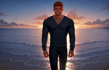 <lora:Lifeline_Style_V2_Illu_Edition-000015:1>, (llv2-illu), ((standing with one hand on a nearby object and one leg slightly bent, ocean, v-neck sweater, ginger hair, dusk, Extreme close-up))
looking at the viewer, cowboy shot, 
(very short hair, beard, bara, mature, facial hair, stubble, beard, full beard, sideburn, beard, a lot of beard, ), facial hair,male focus, muscular male, muscular male, bara, mature,  bara, mature, aixiwuganda_(20222192), very awa, masterpiece, best quality, absurdres, newest, perfect quality, detailed background, intricate details,
<lora:slider_Body Type_alpha1.0_rank4_noxattn_last:3><lora:Anime Summer Days 2 Style SDXL_LoRA_Pony Diffusion V6 XL:.6><lora:slider_cfg_scale_boost:.7><lora:Artist6p:.55>, Artist6p, Artist04p,<lora:slider_il_brightness_slider_d1:-1><lora:slider_il_contrast_slider_d1:-1><lora:slider_DarkSlider1.2_alpha1.0_rank16_full_300steps:-.6>