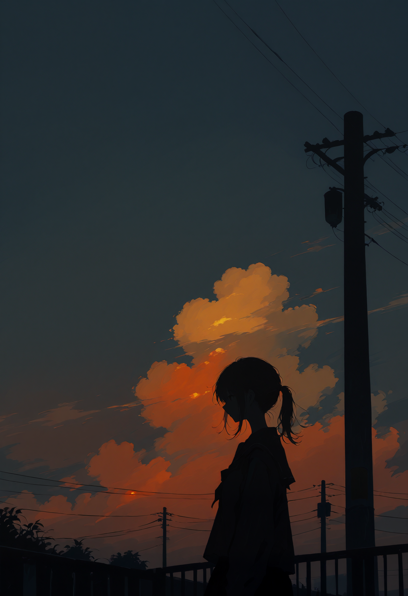kodoku, 1girl, solo, dark, railing, sky, outdoors, ponytail, power lines, sunset, cloud, utility pole, silhouette