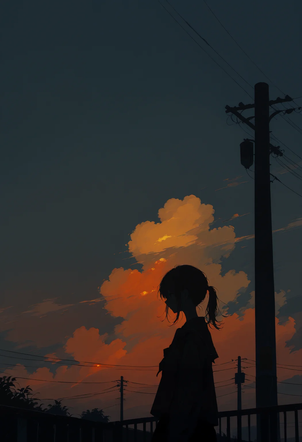 kodoku, 1girl, solo, dark, railing, sky, outdoors, ponytail, power lines, sunset, cloud, utility pole, silhouette