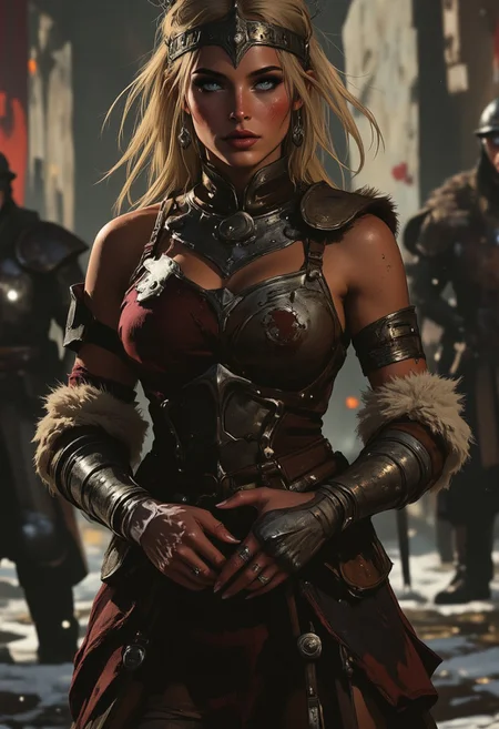 Viking warrior woman, blonde hair, dark eyeshadow, red lips, viking armour of iron breastplate, fur boots, iron helmet, perfect hands